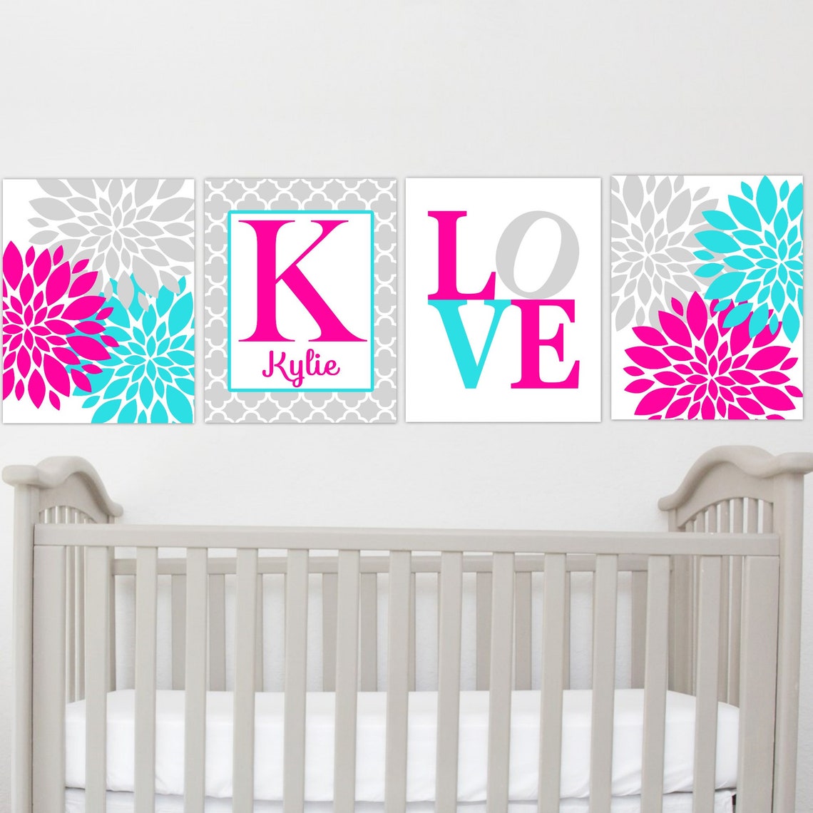 Flower Wall Art Baby Girl Nursery Art Hot Pink Aqua Flower Etsy