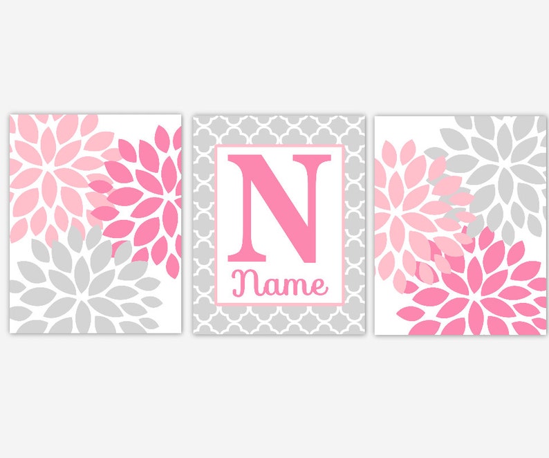 Pink Gray Floral Wall Art Baby Girl Nursery Bedroom Prints Etsy