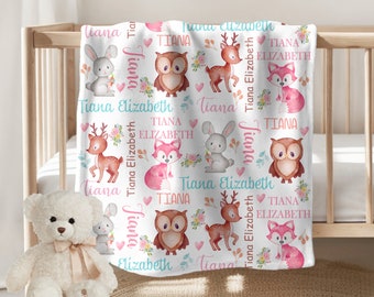 Woodland Animals Personalized Baby Girl Blanket Name Blanket Baby Custom Girl Woodland Baby Blanket Custom Name Blanket Baby Shower Gift