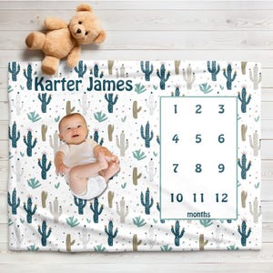 Personalized Baby Boy Milestone Blanket, Cactus Baby Boy Blanket, Growth Tracker Blanket, Monthly Growth Blanket, Baby Shower Gift
