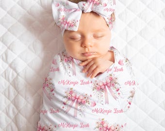 Personalized Baby Swaddle Blanket Set - Custom Name Receiving Blanket With Bow Headband & Hat Newborn Gift