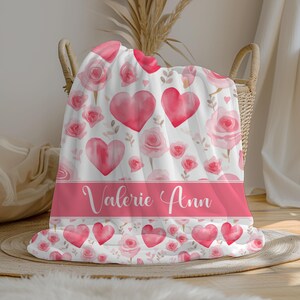 Personalized Hearts Baby Girl Blanket, Custom Name Blanket, Swaddle Set, Minky Fleece Sherpa, Baby Shower Gift, Roses Nursery Decor