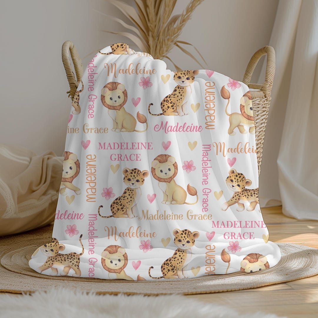 Personalized Jungle Animals Baby Girl Blanket, Lion & Tiger Name ...