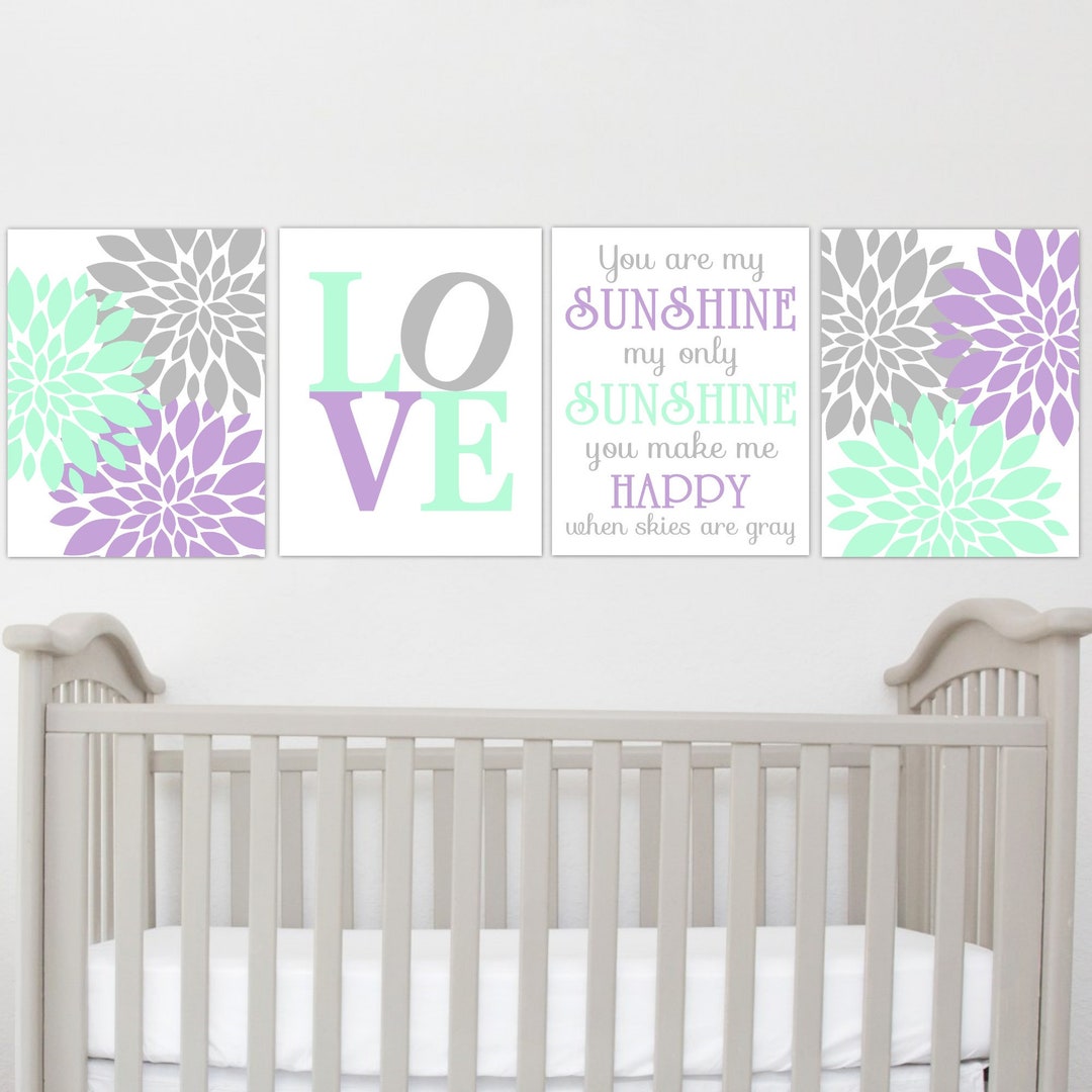 Purple Mint Floral Art Baby Girl Nursery Art Dahlia Wall Art Floral ...