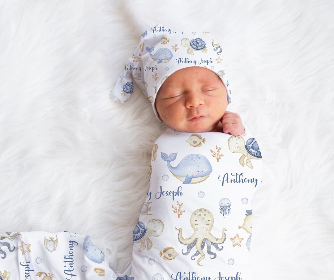 Personalized Baby Boy Swaddle Blanket Under the Sea Fish Swaddle