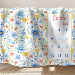 Personalized Wildflower Baby Girl Milestone Blanket, Monthly Growth Tracker, Custom Name Blanket, Newborn Photo Prop, Baby Shower Gift