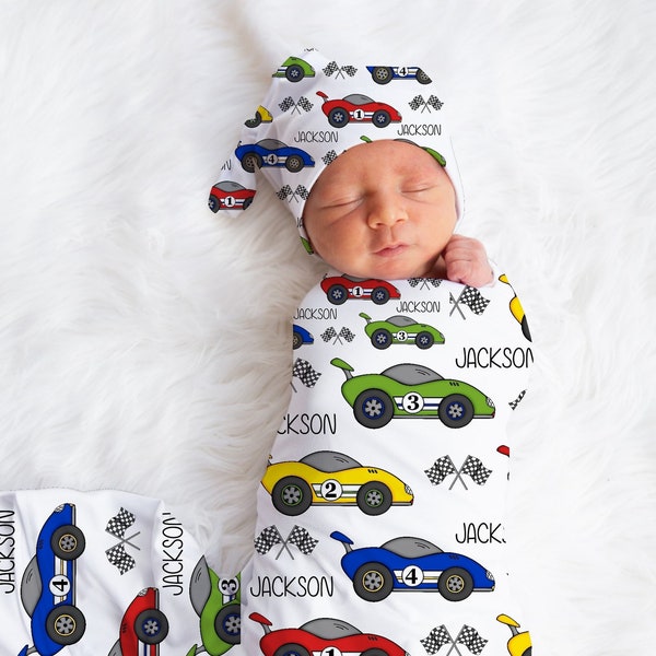 Personalized Baby Boy Swaddle Blanket Race Cars Swaddle Knotted Hat Headband Baby Gift Hospital Photo Newborn Photo Newborn Blanket