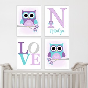 OWL Baby Nursery Wall Art Purple Teal Personalized Name Prints Baby ...