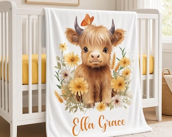 Personalized Highland Cow Baby Girl Blanket, Custom Name Blanket, Swaddle Set, Minky Fleece Sherpa, Baby Shower Gift, Farm Nursery Decor
