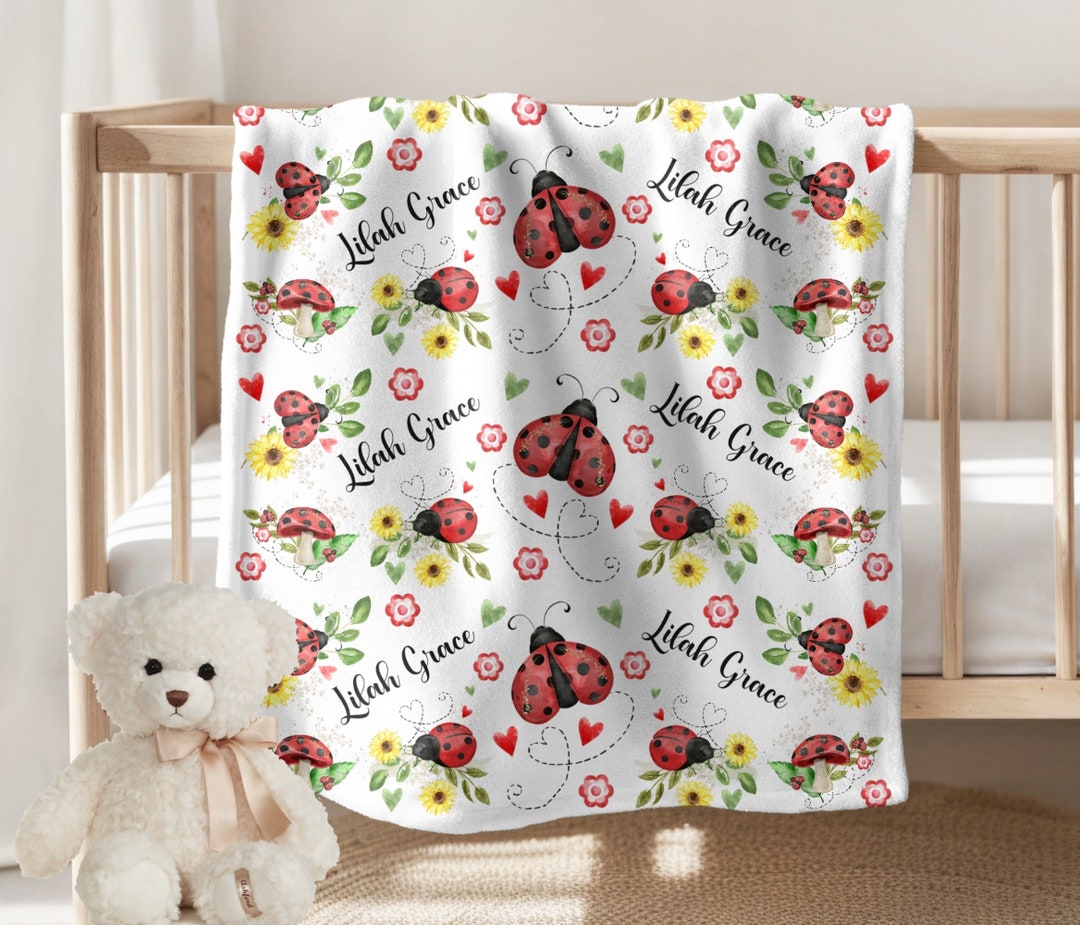 Personalized Ladybugs Baby Blanket – Custom Name & Date Flannel Fleece Blanket For Newborn, Baby Shower Gift – 30"x40", 40"x50", 50"x60" - View #5