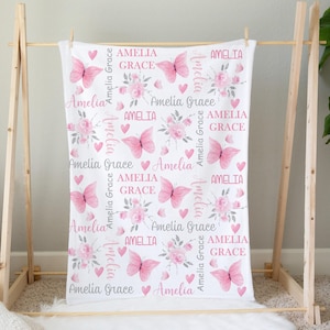Pink Floral Butterfly Blanket Baby Girl Blanket Personalized Girl Blanket Flower Custom Blanket Personalize Girl Name Blanket Shower Gift image 5