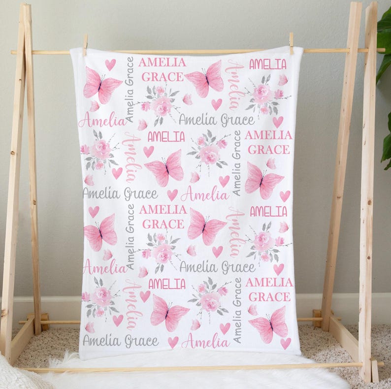 Pink Floral Butterfly Blanket Baby Girl Blanket Personalized Girl Blanket Flower Custom Blanket Personalize Girl Name Blanket Shower Gift image 5