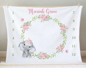 Pink Floral Elephant Baby Girl Milestone Blanket Personalized Baby Blanket Newborn Baby Shower Gift Safari Animal Baby Blanket