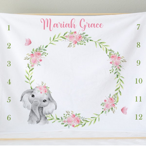 Pink Floral Elephant Baby Girl Milestone Blanket Personalized Baby Blanket Newborn Baby Shower Gift Safari Animal Baby Blanket