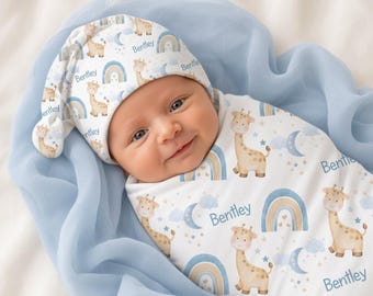 Personalized Giraffe Baby Boy Blanket, Rainbow Baby Custom Swaddle Blanket with Knot Hat or Beanie | Newborn Photo Prop | Baby Shower Gift