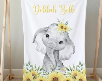 Personalized Sunflower Elephant Baby Girl Blanket, Custom Name Crib Blanket, Swaddle Set, Minky Fleece Sherpa, Baby Gift, Nursery Decor