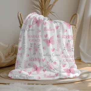 Pink Floral Butterfly Blanket Baby Girl Blanket Personalized Girl Blanket Flower Custom Blanket Personalize Girl Name Blanket Shower Gift image 1