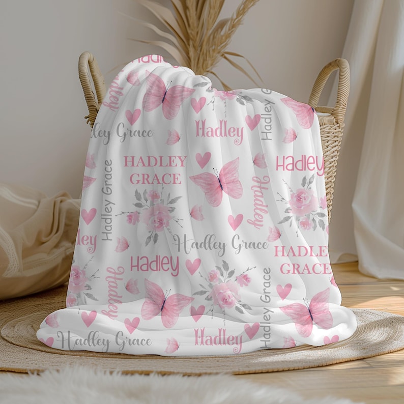 Pink Floral Butterfly Blanket Baby Girl Blanket Personalized Girl Blanket Flower Custom Blanket Personalize Girl Name Blanket Shower Gift image 1