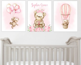 Teddy Bear Baby Girl Wall Art Prints Personalized Canvas Art Personalized Baby Nursery Art Baby Girl Nursery Canvas, Baby Shower Gift