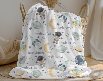 Personalized Outer Space Baby Boy Blanket | Custom Name Crib Blanket | Swaddle Set | Minky Fleece Sherpa | Baby Shower Gift, Nursery Decor