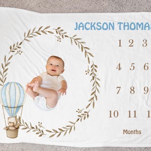 Personalized Teddy Bear Baby Boy Milestone Blanket | Monthly Growth Tracker | Custom Name Blanket | Newborn Photo Prop | Baby Shower Gift