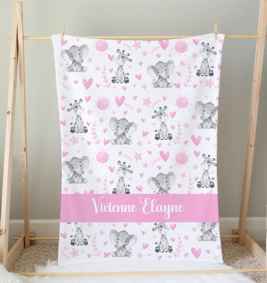 Pink Safari Animals Baby Girl Blanket Minky Fleece Sherpa Elephant