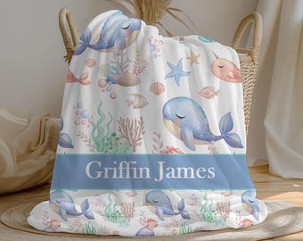 Personalized Whale Blanket, Under The Sea Swaddle Set, Custom Crib Blanket, Minky, Fleece, Sherpa, Baby Shower Gift, Ocean Theme Decor