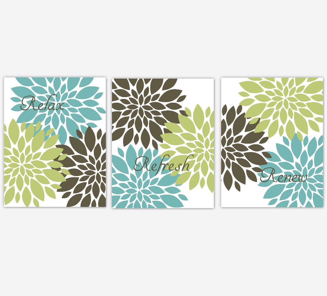 BATHROOM Wall Art Spa Bath Prints Blue Green Brown Flower | Etsy