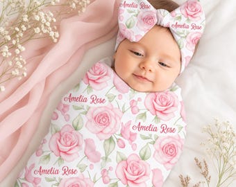 Personalized Pink Roses Baby Girl Swaddle | Floral Blanket | Bow Knot Hat Beanie | Photo Prop | Baby Gift | Newborn Coming Home Outfit
