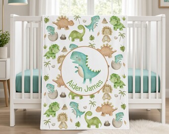Personalized Dinosaur Baby Boy Blanket , Name Crib Blanket, Swaddle Set | Minky Fleece Sherpa | Baby Shower Gift | Nursery Decor
