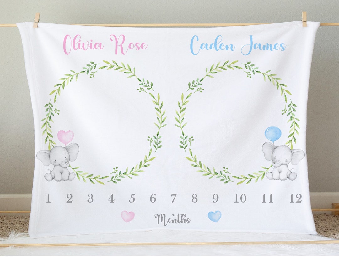 Twins Baby Milestone Blanket Elephant Baby Blanket Personalized