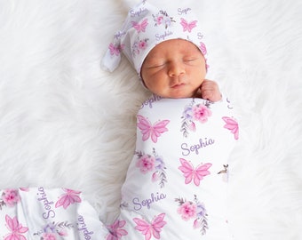 Butterfly Girl Swaddle Blanket Personalized Swaddle Blanket Newborn Knotted Cap Girl Headband Baby Girl Gift Hospital Photo Newborn Photo