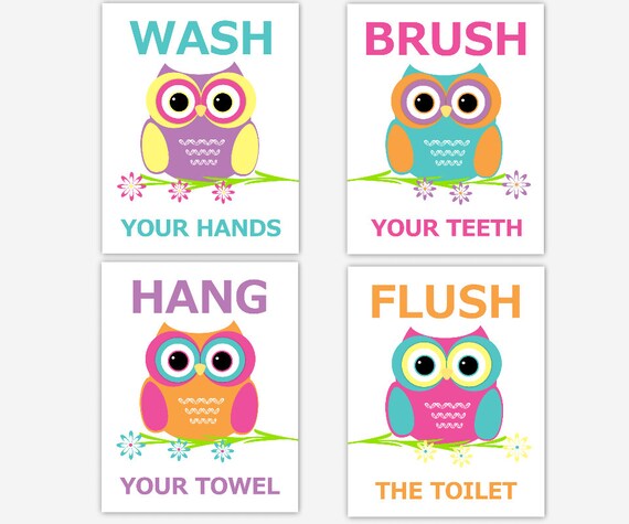 owl bathroom wall art kids bath children bathroom prints bath | etsy