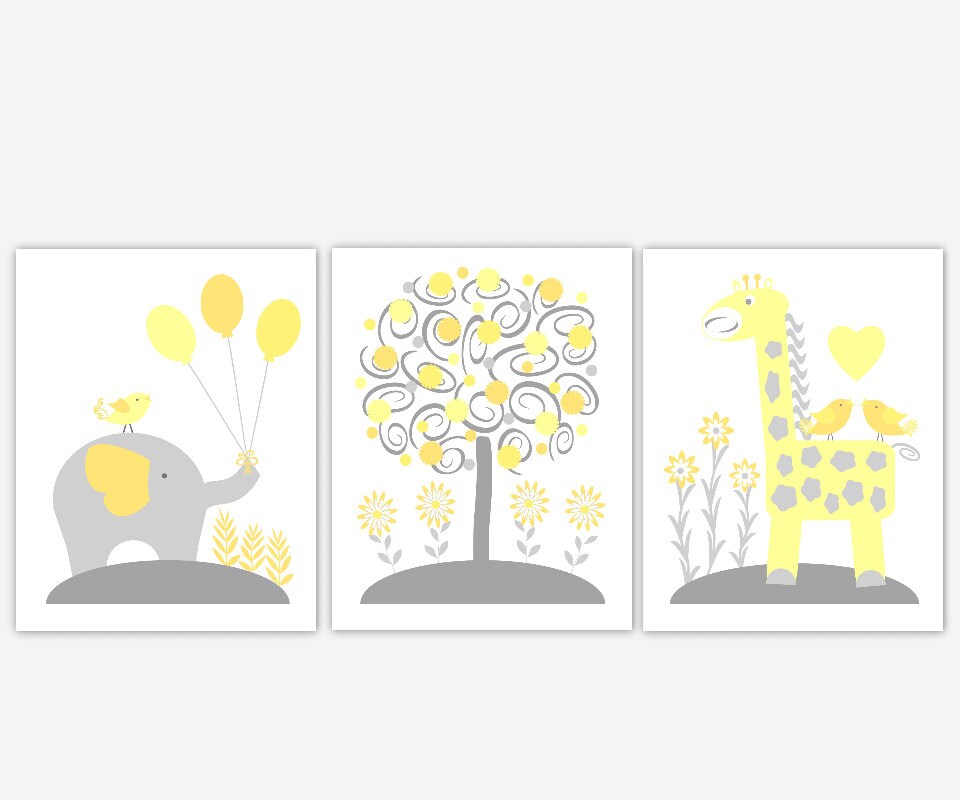Baby Nursery Wall Art Yellow Gray Elephant Giraffe Baby Boy Etsy
