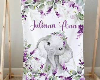 Personalized Elephant Baby Girl Blanket, Purple Floral Custom Name Blanket, Swaddle Set, Minky Fleece Sherpa, Shower Gift, Nursery Decor