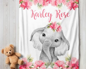 Elephant Baby Girl Blanket Personalized Pink Floral  Baby Blanket Newborn Baby Shower Gift Minky Blanket Fleece Blanket Sherpa Baby Blanket