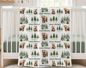 Personalized Bear Baby Boy Blanket, Grizzly Forest Crib Blanket, Custom Name Woodland Nursery Decor, Fleece, Minky, Sherpa, Baby Gift