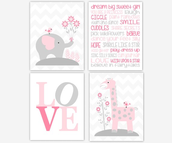 Safari Animals Baby Girl Nursery Wall Art Pictures Pink Elephant Giraffe Dream Big Baby Nursery Decor SET OF 3 UNFRAMED PRINTS