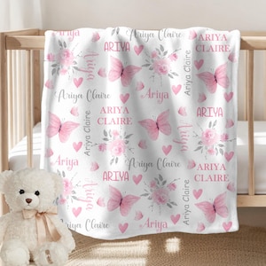 Pink Floral Butterfly Blanket Baby Girl Blanket Personalized Girl Blanket Flower Custom Blanket Personalize Girl Name Blanket Shower Gift image 2