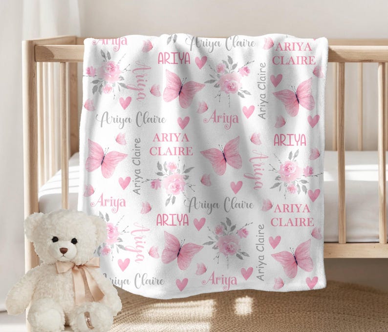 Pink Floral Butterfly Blanket Baby Girl Blanket Personalized Girl Blanket Flower Custom Blanket Personalize Girl Name Blanket Shower Gift image 2