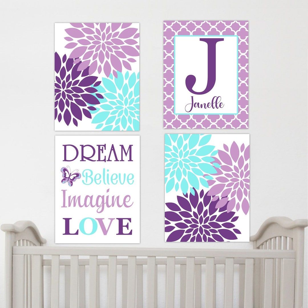 Purple Floral Art Baby Girl Nursery Art Purple Teal Flower Canvas ...