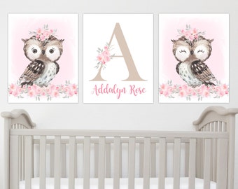 Owl Baby Girl Nursery Wall Art Prints Pink Floral Owl Personalized Canvas Baby Nursery Art, Art Prints, Girl Baby Nursery Baby Shower Gift