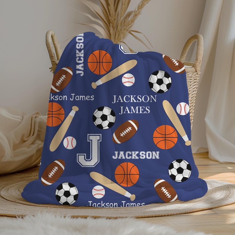 Personalized Sports Blanket Boy Name Blanket Baseball Basketball Soccer Football Name Blanket Boy Room Blanket Custom Gift image 2