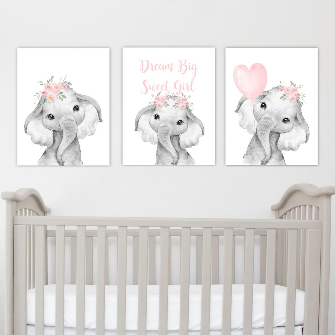 Baby Elephant Wall Art Pink Blush Baby Girl Nursery Wall Art, Dream Big ...