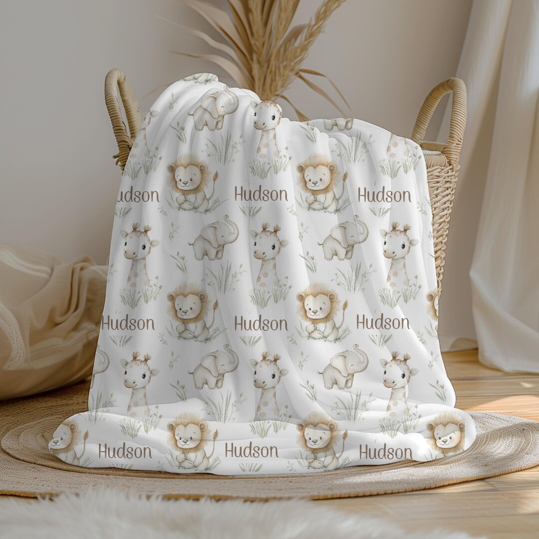 Personalized Safari Animals Baby Boy Blanket, Custom Name Crib Blanket ...