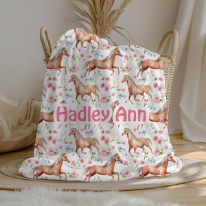 Personalized Floral Horse Baby Girl Blanket, Custom Cowgirl Name Blanket, Swaddle Set, Minky Fleece Sherpa, Baby Shower Gift, Western Decor