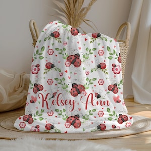 Personalized Ladybug Baby Girl Blanket | Custom Name Blanket | Swaddle Set | Minky Fleece Sherpa | Baby Gift | Girl Room Decor