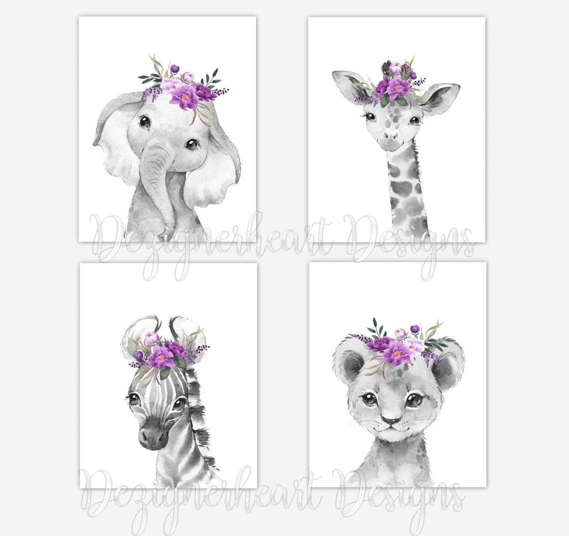 Safari Animals Baby Girl Nursery Wall Art Decor Purple Flowers Etsy
