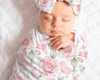 Personalized Pink Roses Baby Girl Swaddle | Floral Blanket | Bow Knot Hat Beanie | Photo Prop | Baby Gift | Newborn Coming Home Outfit