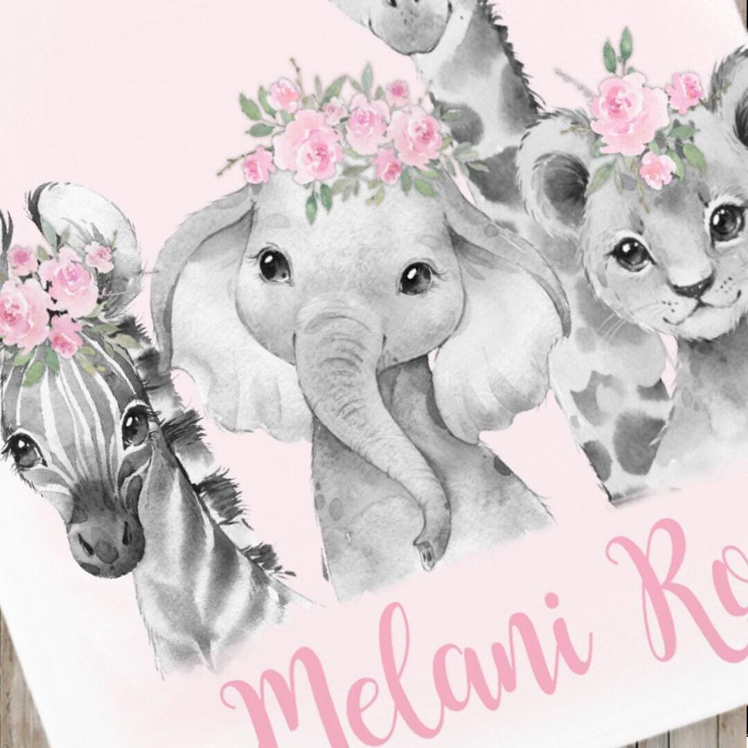 Personalized Floral Safari Animals Baby Girl Blanket | Custom Name Crib ...